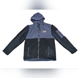 New Mens Orvis Sherpa Fleece Navy Blue Hooded Zip Jacket Warm Sz Large